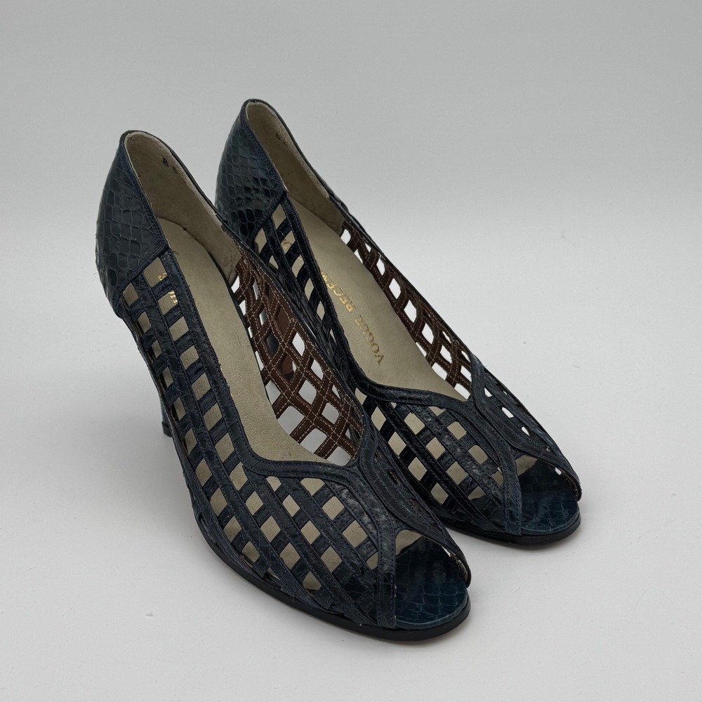 Vintage Vogue Regency Navy Snakeskin Caged Peep-Toe Pumps, Size 8
